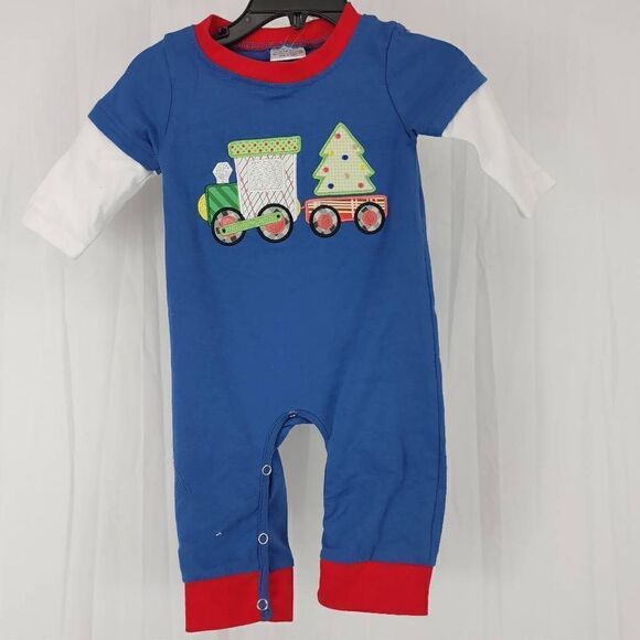 Nwt Baby Boy Christmas Train Romper Baby Boy Size 3-6 Months Christmas Tree Blue - Picture 1 of 8